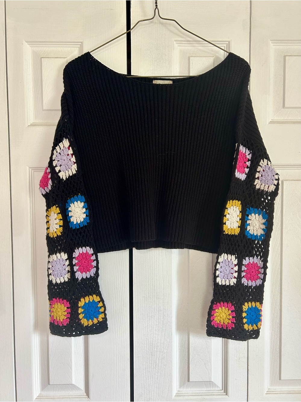 Altar’d State Black Cropped Sweater with Multicolor Crochet Sleeve Squares